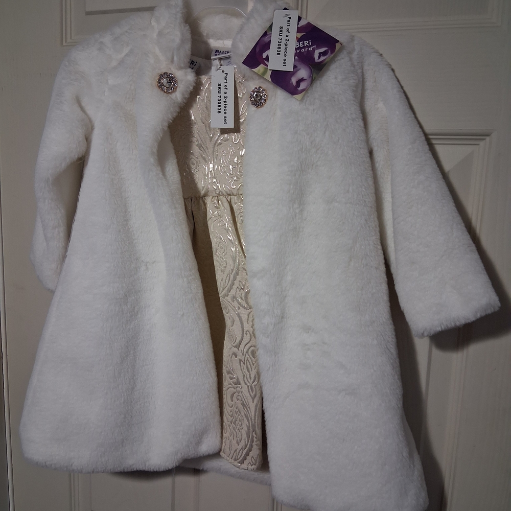 Blueberi Boulevard White Faux Fur Coat and Gold Dress Set